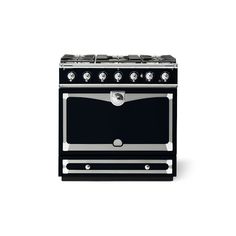 a black and silver stove with four burners on it's front, against a white background