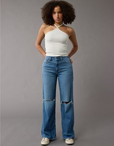 AE Dreamy Drape Stretch Curvy Super High-Waisted Baggy Wide-Leg Jean Plus Sized Jeans, High Waisted Wide Leg Jeans Outfit Curvy, Jeans For Thick Thighs Women, Holey Jeans Outfit, Women’s Jeans, Jeans For Curvy Women, Curvy Mom Jeans, Colorado Fashion, White Jeans Men