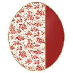 a red and white plate with an image of people in the middle of it, on a white background