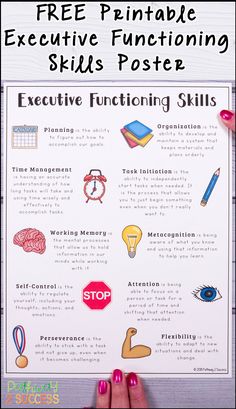 a person holding up a poster with the text free printable executive functioning skills poster