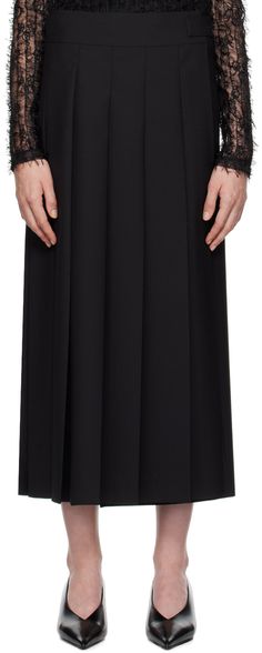 Wool- and polyester-blend twill midi skirt. Knife pleats throughout. · Wrap construction · Adjustable button belt at waistband Supplier color: Black Wrap Midi Skirt, Knife Pleats, Mid Length Skirts, Womens Bottoms, Apparel Accessories, Midi Skirt, Outfit Accessories, Skirt, Wool