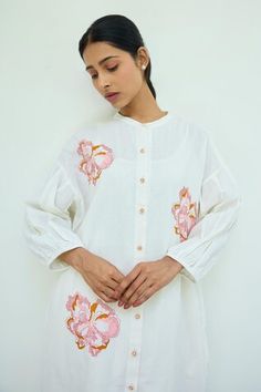 White cotton midi dress with big floral embroidery and pleated sleeves. - Aza Fashions Big Floral, Midi Dress For Women, Embroidered Midi Dress, Pleated Sleeves, Embroidery Floral, Cotton Midi Dress, Dress For Women, Mandarin Collar, Aza Fashion