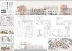 an architectural drawing shows several different sections of the building and its surrounding areas, including trees