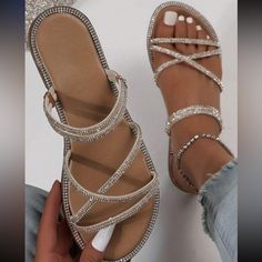 Super Cute And Stylish Ships In 5-10 Business Days Tags: #Shoes #Heels #Party #Newyears #Holiday #Sandals #Gold #Beautiful #Glitter Sparkly Sandals Flat, Cheap Synthetic Sandals With Rhinestones, Rose Gold Wedding Shoes Sandals, Women Flat Sandals, Rhinestone Flats, Womens Slides, Gold Sandals, Pedicures, Slides Shoes