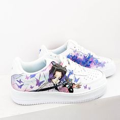 Shinobu Kocho from Demon Slayer (Kimetsu no Yaiba) - Low Top Sneaker - Spring 2022 Edition. Original Anime Shoes Design made by Anime X Sneakers Artists in Collab with @artby.shanaia, inspired by Air Force 1's. The perfect Anime Gift for your loved ones! Key Features Shinobu Kocho Butterflies pattern Kimono Pattern on the side Butterflies on the back AXS Label Material Leather upper with mesh lining construction Soft EVA padded insoles EVA outsole for traction and exceptional durability. Our sne Casual Low-top Custom Sneakers With Anime Print, White Sneakers With Anime Print For Streetwear, White Anime Print Sneakers For Streetwear, White Sporty Custom Sneakers With Anime Print, Sporty White Custom Sneakers With Anime Print, White Custom Sneakers With Anime Print For Streetwear, Harajuku Style Sneakers With Rubber Sole For Streetwear, Harajuku High-top Sneakers With Anime Print, Harajuku White Sneakers For Streetwear