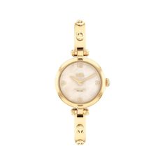 Timeless and elegant, the Cary watch is a sophisticated style perfect for day or night. The sleek yellow gold-tone design features a bangle bracelet detailed with the Coach Signature and a sand mother-of-pearl dial finished with the iconic Coach Horse and Carriage motif for a heritage touch. The watch has a 26mm case and is water resistant to 99 feet. Coach Watches Women, D1 Milano, Coach Watch, Horse And Carriage, Stainless Steel Bangles, Jewelry Lookbook, Handbags Online, Women's Watch, Sophisticated Style