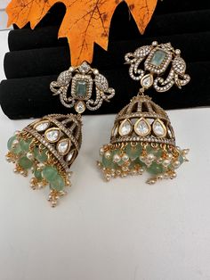 AD Kundan Color Stone Jhumki Earings - LightGreen