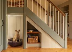 a dog is sitting on his bed under the stairs next to the stair case in the house