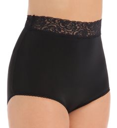 A pretty, floral lace waistband adds a feminine touch to this soft, microfiber panty. Made of 90% nylon, 10% spandex. Stretch lace waistband. Sewn-on elastic along leg openings for a custom fit. 4-way stretch for comfort. Full rear coverage. High rise. Sewn-in cotton crotch. Teri Women's Grace Lace Trim Microfiber Brief Panty in Black (313) | Size 10 | HerRoom.com Elegant Solid Bottoms With Contoured Waistband, Elegant Nylon Bottoms With High-cut Leg, Elegant High Waist Nylon Bottoms, Elegant High-waist Nylon Bottoms, Fitted Full Coverage Shapewear With Lace Trim, Fitted Full Coverage Bottoms With Lace Trim, Fitted Lace Trim Bottoms With Full Coverage, Fitted Lace Trim Full Coverage Bottoms, Elegant Full Coverage Lace Bottoms