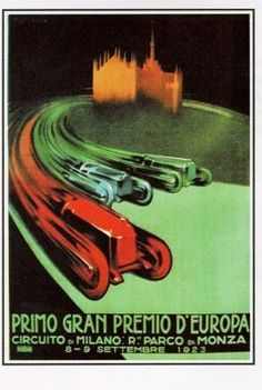 an advertisement for the grand premo d'europe, featuring two race cars in motion