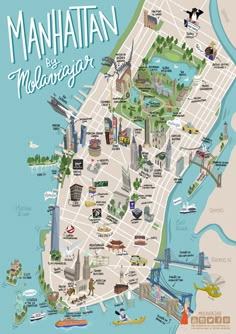 Mapa ilustrado descargable de Manhattan con los puntos más significativos de la ciudad de Nueva York #NuevaYork #Manhattan #Mapa #NewYork New York City Map Illustration, Nyc Map Illustration, Map Of Manhattan New York, New York Map Illustration, Nyc Sightseeing, Map Of Manhattan, New York Sightseeing