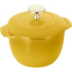 a yellow casserole with a white lid and handle is shown in front of a white background