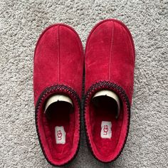 Pristine Condition. No Creases Red Slip-on Slippers With Rubber Sole, Red Round Toe Slippers For Indoor Use, Red Flat Slippers With Cushioned Footbed, Red Synthetic Slippers, Red Cushioned Flat Slippers, Comfortable Red Closed Toe Sneakers, Red Slip-on Slippers, Red Synthetic Closed Toe Slippers, Casual Red Slippers With Closed Toe