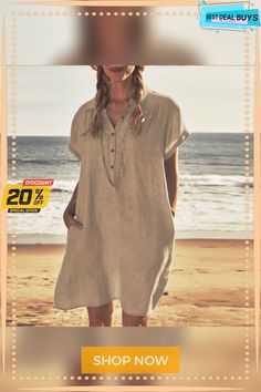 Lorelei - Klassieke Linnen Jurk Met Kraag Beach Ramie Linen Dress, Beige Ramie Linen Dress For Summer, Beige Short Sleeve Linen Dress For Vacation, Casual Ramie Linen Dress For Vacation, Casual Linen Dress For Vacation, Spring Linen Dress For Beach, Beige Linen Dress For Summer, Solid Linen Dress For Summer Vacation, Beige Linen Beach Dress