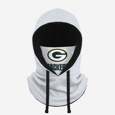 Green Bay Packers White Drawstring Hooded Gaiter FOCO - FOCO.com White Hoodie With Drawstring For Fan Gear, White Hoodie For Fan Gear, White Hooded Hoodie For Fan Gear, White Fan Apparel Hoodie For Sports Events, White Hoodie With Team Logo For Streetwear, White Hoodie For Sports Fan Apparel, White Hoodie For Sports In Fan Apparel Style, White Fan Apparel Hoodie For Sports, Sports Balaclava With Adjustable Hood