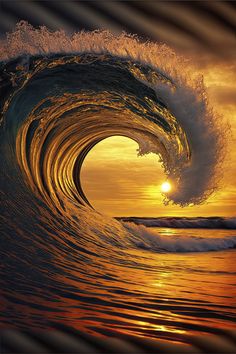 an ocean wave with the sun setting in the background