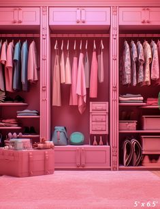 a pink closet filled with lots of clothes