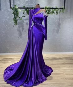 Evening Dress Long Sleeve, Purple Floor, Gowns Plus Size, Flower Prom Dress, Purple Evening Dress, Robes Glamour, Velvet Evening Dress, Ruffle Prom Dress, Evening Dress Long