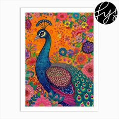 a colorful painting with a peacock on it