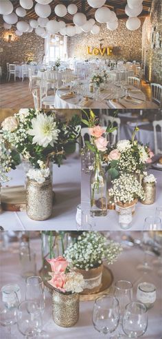 the table is set up for a wedding reception with white balloons and flowers in vases