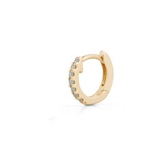 This pavé-set diamond and gold mini huggie earring is a perfect size for those with petite earlobes or for 2nd, 3rd, 4th piercings. This diamond huggie hugs your earlobe just right and is a brilliant addition to your ear stack. Sized for a first, second, or any ear piercing the mini huggie is the earring you've been hunting for. The mini is a staple of the Dana Rebecca office ear stack. The lever back makes for easy and secure closure. This pavé diamond huggie is available in white, yellow, and Diamond Huggie Piercings For Anniversary, Diamond White Diamond Huggie Single Earring, White Diamond Huggie Earring, Minimalist Diamond Huggie Earrings With Pave Setting, Fine Jewelry Diamond Huggie Piercings, Minimalist Diamond Huggie Cartilage Earrings, Yellow Gold Huggie Cartilage Earrings With Diamond Accents, Diamond White Huggie Earrings With Pave Setting, Diamond White Diamond Huggie Earrings