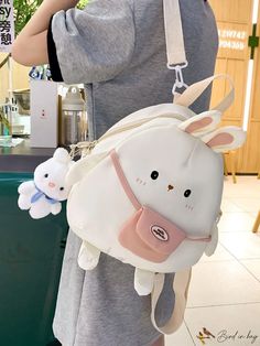 Bird in Bag - Animal Cartoon Rabbit Backpack with Pendant, Student Bookbag Stylish Daypack with Padded Straps, Waterproof Backpack Cute White Cartoon Backpack For Everyday Use, Harajuku Style White Bag For Travel, Pink Cartoon Backpack For Daily Use, Cartoon Pink Backpack For Daily Use, Kawaii Style Backpack For School, Cartoon Style Pink Backpack For Daily Use, Kawaii Backpack For End Of School Year, White Portable Harajuku Bag, White Portable Harajuku Style Bags