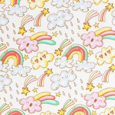 a pattern with rainbows, clouds and stars on a white background that is very colorful