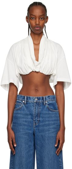 Cotton jersey T-shirt. · Rib knit cowl neck · Gathering at front hem · Cropped hem · Pintucks at back collar · Underwire at integrated mesh bra underlay Supplier color: Off white Draped Shirt, Bra Design, Mesh Bra, Knit Cowl, Style Board, Jersey T Shirt, Alexander Wang, Minimalist Fashion, Spring Summer Fashion