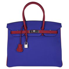 Mightychic offers an Hermes Birkin HSS 35 bag featured in an exotic creation of vivid Bleu Electric and rich Rouge Grenat. This Hermes Birkin special order is fresh with palladium hardware. Created in Togo leather which is scratch resistant. Comes with lock, keys, clochette, sleepers, raincoat and signature Hermes box. NEW or NEVER WORN. final sale BAG MEASURES: LENGTH 35 cm / 14" TALL 28 cm / 11" DEEP 18 cm / 7" HANDLES: TALL 5" CONDITION: NEW or NEVER WORN Birken Bag, Rare Hermes Birkin, Ostrich Bag, Kelly Cut, Birkin Handbags, Blue Electric, Limited Edition Bag, Hermes Box, Togo Leather