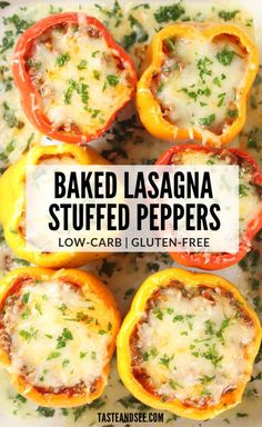 baked lasagna stuffed peppers in a white casserole dish with text overlay