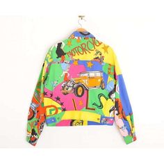 For Sale on 1stDibs - Amazing 1990's 'Versace Jeans Couture' by Gianni Versace jacket, with a super colourful and extremely iconic Betty Boop patterned print. (Please Note we Fun Multicolor Long Sleeve Outerwear, Vintage Printed Outerwear For Spring, Yellow Graphic Print Outerwear For Spring, Spring Yellow Outerwear With Graphic Print, Retro Graphic Print Outerwear For Spring, Retro Spring Outerwear With Graphic Print, Retro Colorful Spring Outerwear, Multicolor Long Sleeve Outerwear With Vibrant Print, Colorful Retro Spring Outerwear