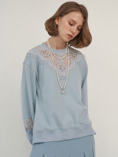 Editor's Notes This Flower Lace Sweatshirt features a flower-patterned lace color on a V-neckline and the sleeves, adding a romanticmood with a natural lace with a scalloped hem. Side slits and an unbalancedlength on the front and back ensure good activity. It is a comfortable,loose-fit sweatshirt that is suitable for various styling. - Flower-patterned lace color on a V-neckline and the sleeves- Natural lace with a scalloped hem- Side slits and an unbalanced lengthon th Spring Lace Trim Crew Neck Top, Spring Lace Top With Crew Neck, Spring Lace Top With Crew Neck And Lace Sleeves, Spring Crew Neck Top With Lace Collar, Lace Sweatshirt, French Terry Hoodie, Flower Lace, Workout Sweatshirt, Scalloped Hem