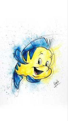 a drawing of a yellow fish with blue watercolors on it's face