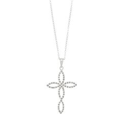 Adorned with Diamond Mystique stones, a dazzling combination of diamonds and crystallized diamond dust, this cross pendant is a lovely symbol of your faith. PENDANT DETAILS Pendant size: 1 1/2"L x 7/8"W Chain length: 18 in. Chain type: rolo Clasp: spring ring Metal: sterling silver Plating: platinum Packaging: boxed DIAMOND MYSTIQUE DETAILS Diamond equivalent total weight: less than 1/10 ct. Shape: round Color grade: H-I Clarity: I3 Gemstones may have been treated to enhance their appearance. Sp Silver Crystal Cross Pendant Necklace, Diamond White Crystal Cross Necklace, Crystal Cross Pendant Necklace With Bling, Diamond White Crystal Cross Pendant Necklace, Elegant Cross Pendant Necklace With Bling, Elegant Necklace With Bling Cross Pendant, Crystal Cross Necklace With Diamond Accents, Elegant Crystal Cross Pendant Necklace, Crystal Cross Pendant With Rhinestones