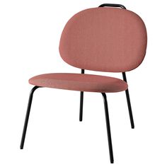 a pink chair with black legs and a seat cushion on the back, in front of a white background