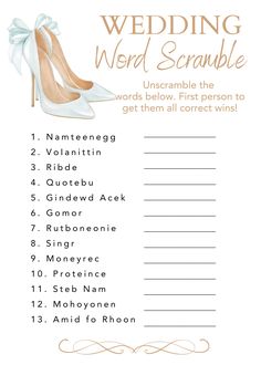 wedding word scramble with high heel shoes on the bottom and words below it that say,