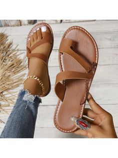 Brown  Collar  PU Leather Plain  Embellished   Women Shoes Women Flat Sandals, Roman Sandals, Flat Slipper, Dark Wear, Comfy Shoes, Slides Shoes, Womens Sandals Flat, Brown Sandals, Beach Shoes