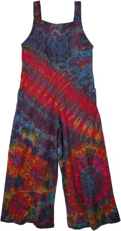 Cotton jumpsuit dungarees with bib pockets in the front and sides, tie-dyed in splashes of vibrant pink, purple, blue, etc - each piece unique.  The overalls have relaxed fit at the knees with gathers on the outside, and the soft, slouchy style features adjustable button shoulder straps. #tlb #Sleeveless #Pocket #vacationclothing #beachwrap #TieDye #bohemianfashion #tiedyejumpsuit Hippie Summer Overalls With Pockets, Casual Sleeveless Jumpsuits And Rompers For Festival, Casual Festival Overalls, Hippie Sleeveless Jumpsuits And Rompers For Spring, Purple Cotton Jumpsuits And Rompers For Summer, Casual Sleeveless Tie-dye Jumpsuits And Rompers, Casual Sleeveless Tie Dye Jumpsuits And Rompers, Casual Tie Dye Jumpsuits And Rompers For Summer, Spring Hippie Cotton Jumpsuits And Rompers