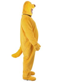 a man in a yellow dog costume is standing with his back turned to the camera