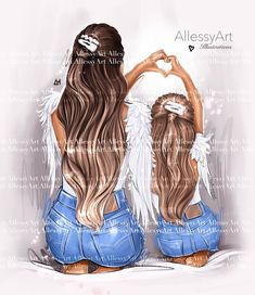 two girls with long hair and angel wings making the shape of a heart in their hands