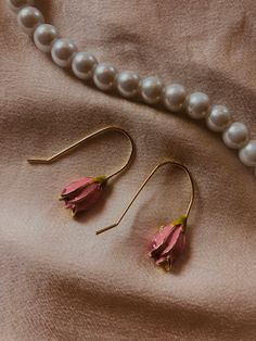 Earrings~Tulip~Flower~Pink~Gold~Gift~Summer~Pink Bead Charms Diy, Tulip Flower, Gold Gift, Feb 4, Hanging Earrings, Tulips Flowers, Earrings Long, Pink Pink, Long Earrings