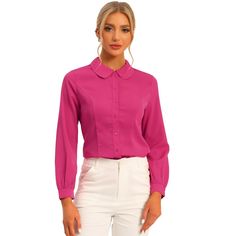 Feel confident flaunting your classic, yet edgy style in this classic peter-pan-collar office shirt. It features the front buttons, long puff sleeves, a Peter Pan collar, and the princess line. his button-up shirt is a polished piece for the weekend and workdays alike. This classic shirt is a regular fit, and that's how this one perfects the beloved staple. It is stylish and is a perfect choice for an office outfit. Trumpet Sleeve Top, Bishop Sleeve Blouse, Shirt Business, The Office Shirts, Bishop Sleeve, Chiffon Long Sleeve, Hem Style, Long Puff Sleeves, Pan Collar