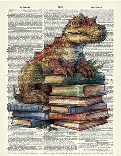 an alligator is sitting on top of some books