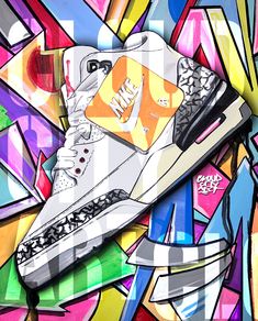 a painting of a pair of sneakers on top of colorful papers with graffiti in the background