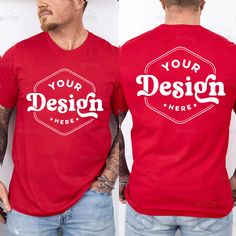 Red Graphic Tee With Branding, Red Crew Neck T-shirt With Branding, Red Short Sleeve T-shirt With Branding, Red Short Sleeve Tops With Branding, Red Custom Print Crew Neck Shirt, Red Custom Print T-shirt For Streetwear, Red Cotton T-shirt With Custom Print, Red Crew Neck Shirt With Branding, Red Short Sleeve Shirt With Branding