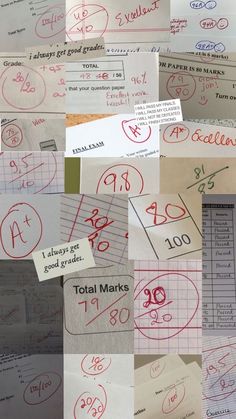 many different types of papers with numbers and times on them, all written in red ink