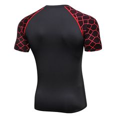 the back of a black and red shirt with an abstract pattern on it, showing the chest