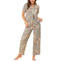 Great for loungewear, nightwear, sleepwear, home bedroom, and daily wear. Features: 2 Piece sleepwear set, including short sleeves tops, and pants. These women's sleepwear sets use super soft breathable pure satin, giving you the best dress experience. Design: Many individual colors and patterns with lace make the sleepwear uncomfortable, you have many choices to match it with your heart. No matter the cozy bedtime, casual home relaxation, laze afternoon, or comfy bath, the soft and lightweight Long Pajama Pants, Cute Sleepwear, Satin Set, Satin Sleepwear, Satin Short, Women's Sleepwear, Night Dress For Women, Satin Pyjama Set, Grey Outfit