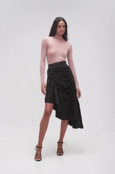 Memoir Asymmetric Midi Skirt | Black | Aje Chic Stretch Skirt With Folds, Fitted Ruched Midi Skirt, Elegant Ruched Midi Skirt, Fitted Ruched Bottoms For Workwear, Fitted Bottoms With Folds For Night Out, Chic Draped Skirt With Asymmetrical Hem For Cocktail, Fitted Midi Draped Skirt With Gathered Detail, Elegant Asymmetrical Gathered Skirt, Spring Asymmetrical Skirt With Ruched Sides