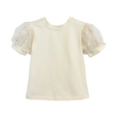 Beige Top With Floral Puff Sleeves - Brazos Avenue Market Trendy Spring Playtime T-shirt, Cute Puff Sleeve Blouse For Spring, Summer Cotton Puff Sleeve Top With Ruffle Sleeves, Spring Playful Puff Sleeve Tops, Cute Ruffled Puff Sleeve Tops, Playful Puff Sleeve Tops For Spring, Spring Puff Sleeve Playful Tops, Spring Cotton Puff Sleeve Top With Crew Neck, Summer Cotton Crew Neck Puff Sleeve Top